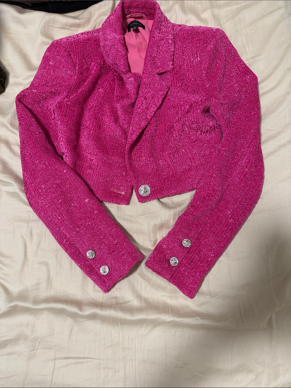MAJORELLE Hot Pink Cropped Tweed Blazer with Crystal Buttons